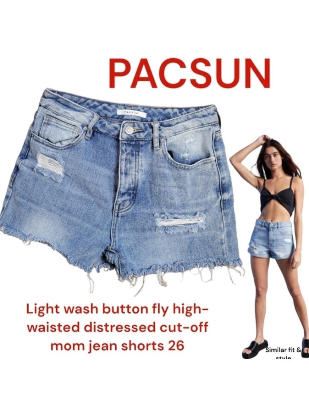 PacSun Women's mom jean shorts light cutoff Blue denim button fly distressed 26